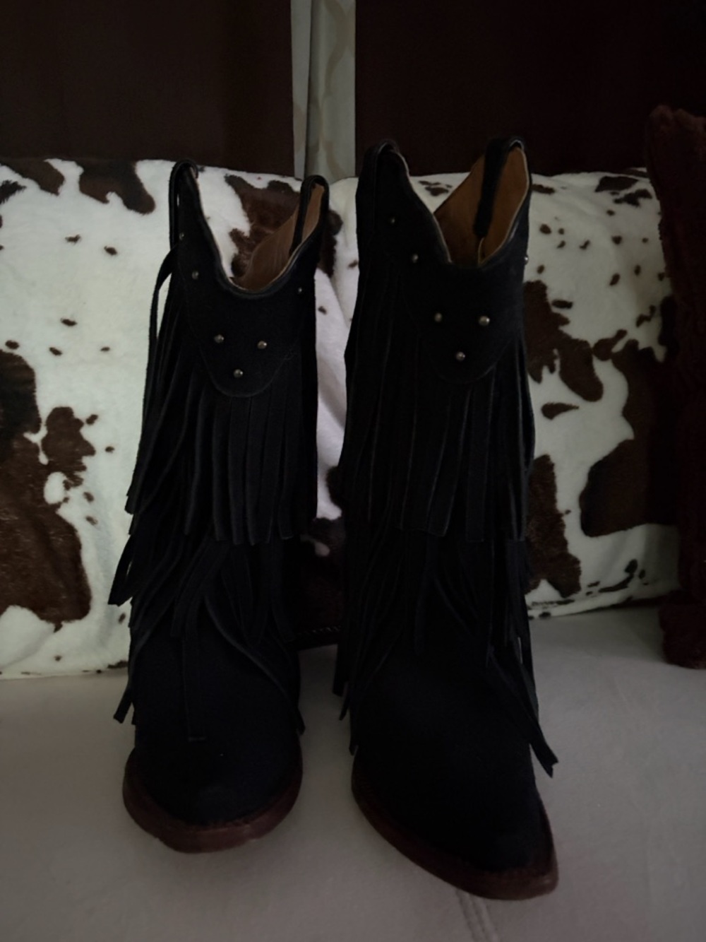 Black Fringe Suede Western Boots - Women